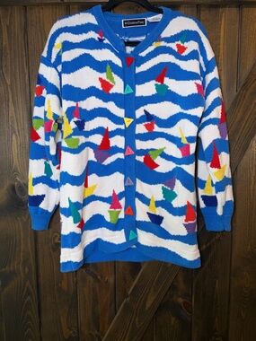 Vintage Christine Foley Nautical Wave Knit Cardigan  Sails